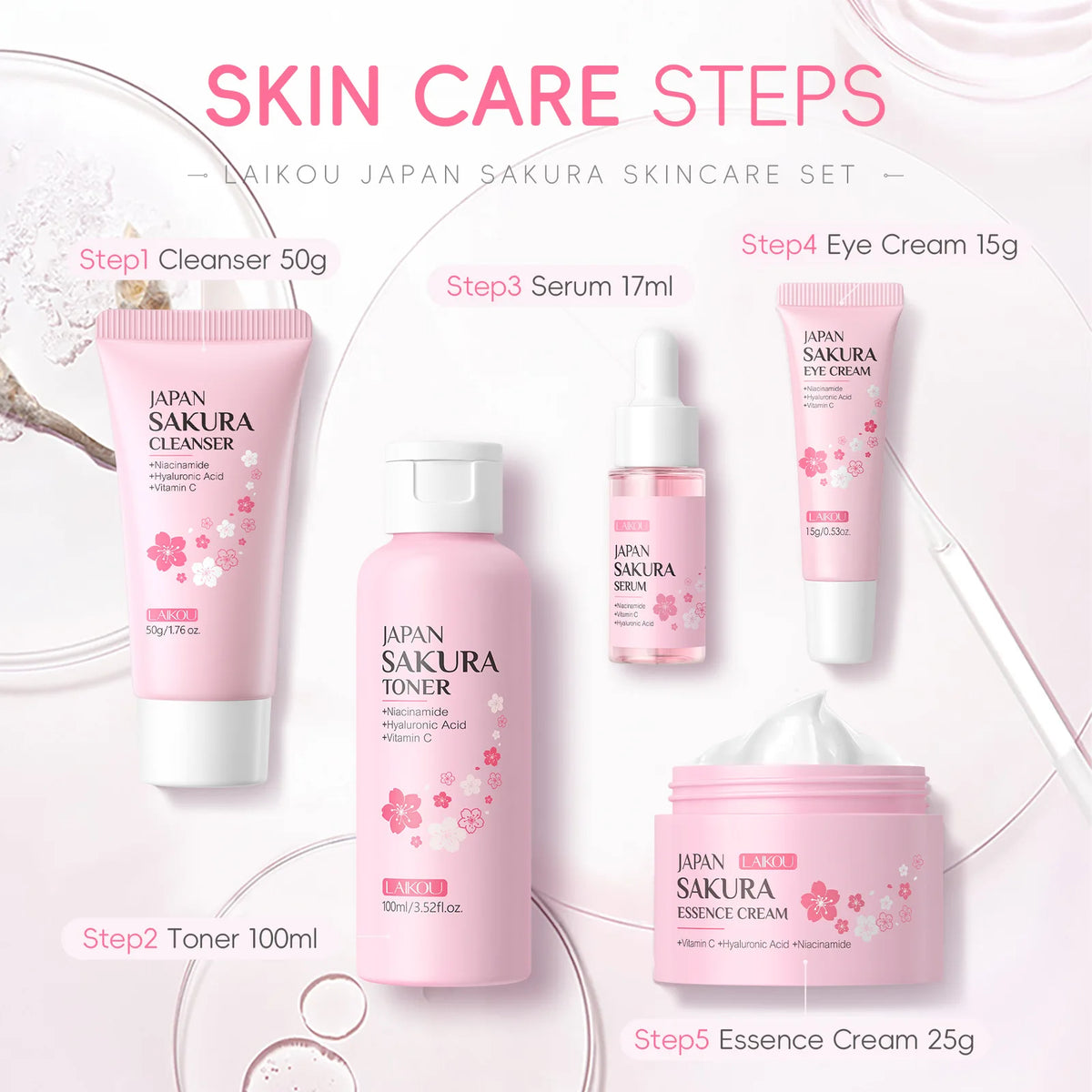 Sakura Skin Care Set 5 Piece Korean Moisturizing Cleansing Fine Line Gift Set for Women