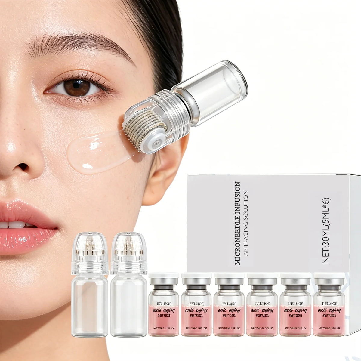 Korean Skin Care Essence Set | 6 Essence Bottles + 2 0.2mm Microneedle Tools | Moisturizing, Firming, Fine Lines