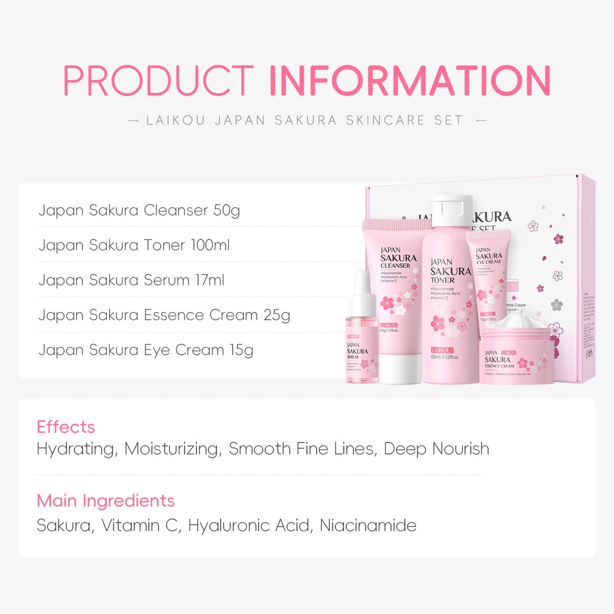 Sakura Skin Care Set 5 Piece Korean Moisturizing Cleansing Fine Line Gift Set for Women