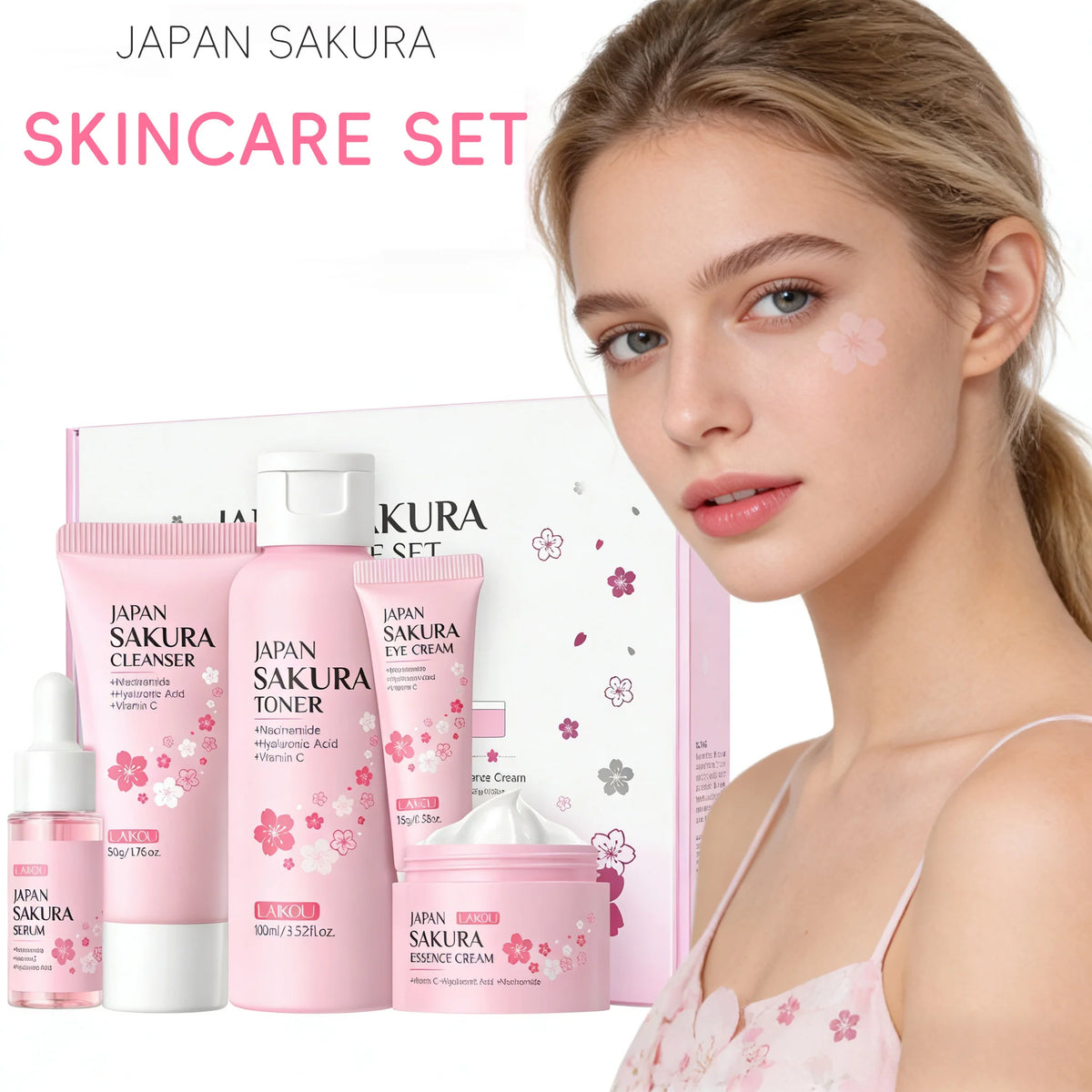 Sakura Skin Care Set 5 Piece Korean Moisturizing Cleansing Fine Line Gift Set for Women
